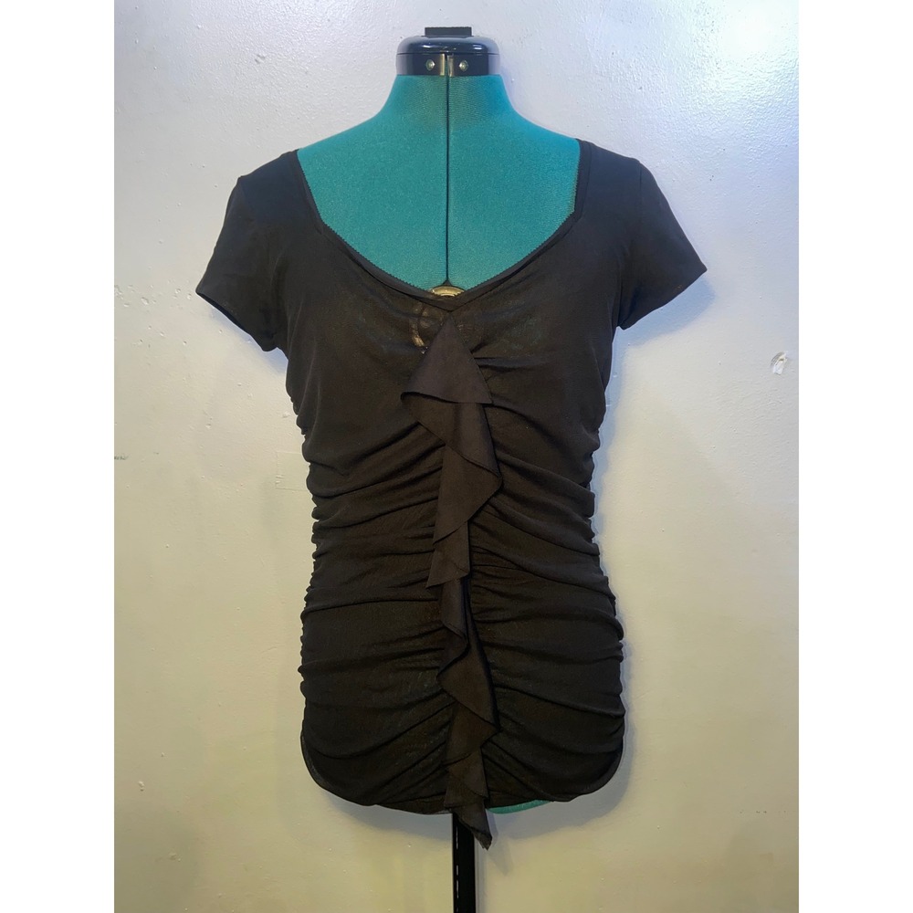 White House Black Market Womens Small Black Ruched Mesh Ruffle V-Neck Y2K Blouse